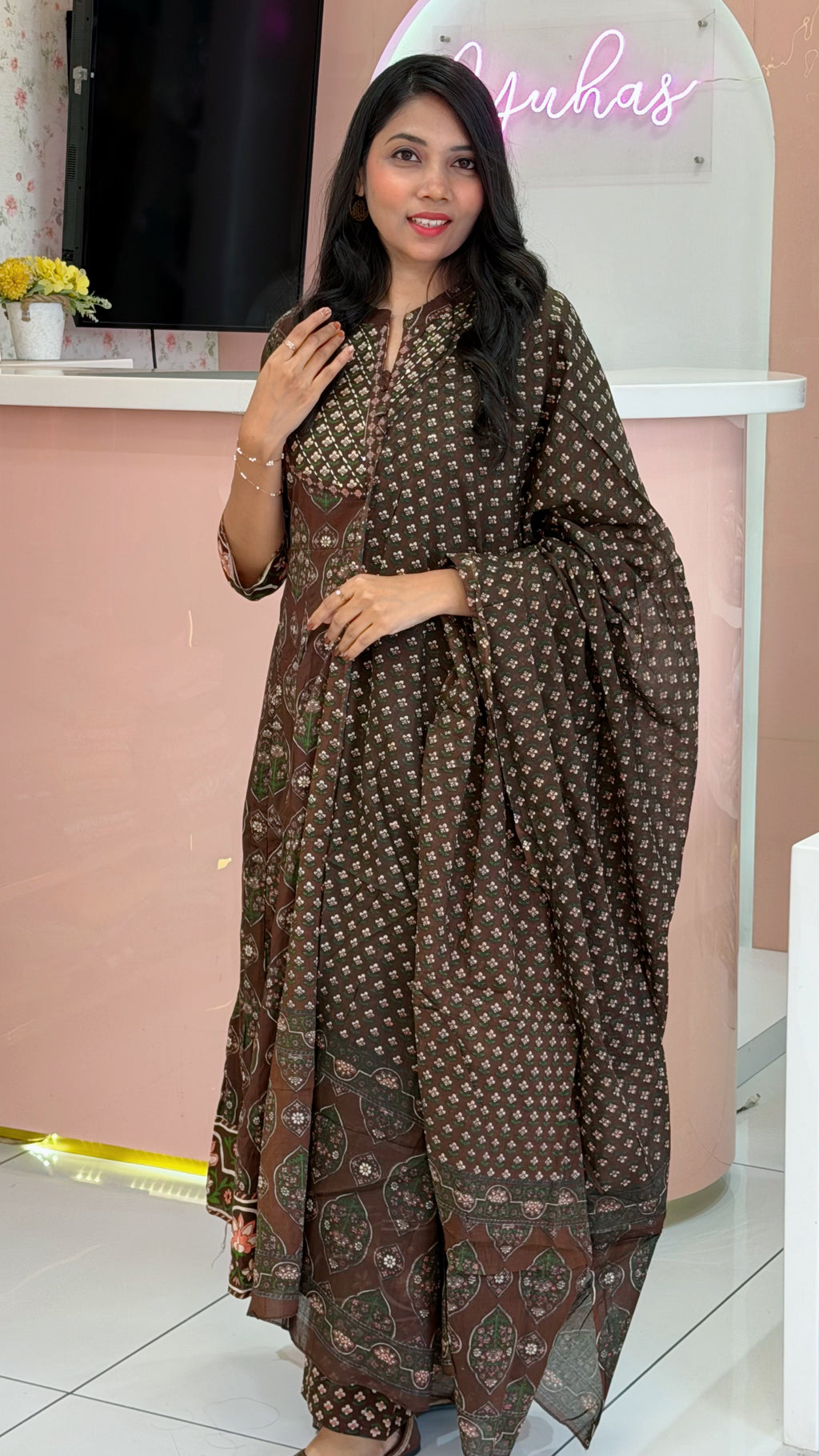 Premium Brown Cotton Anarkali -YVS097