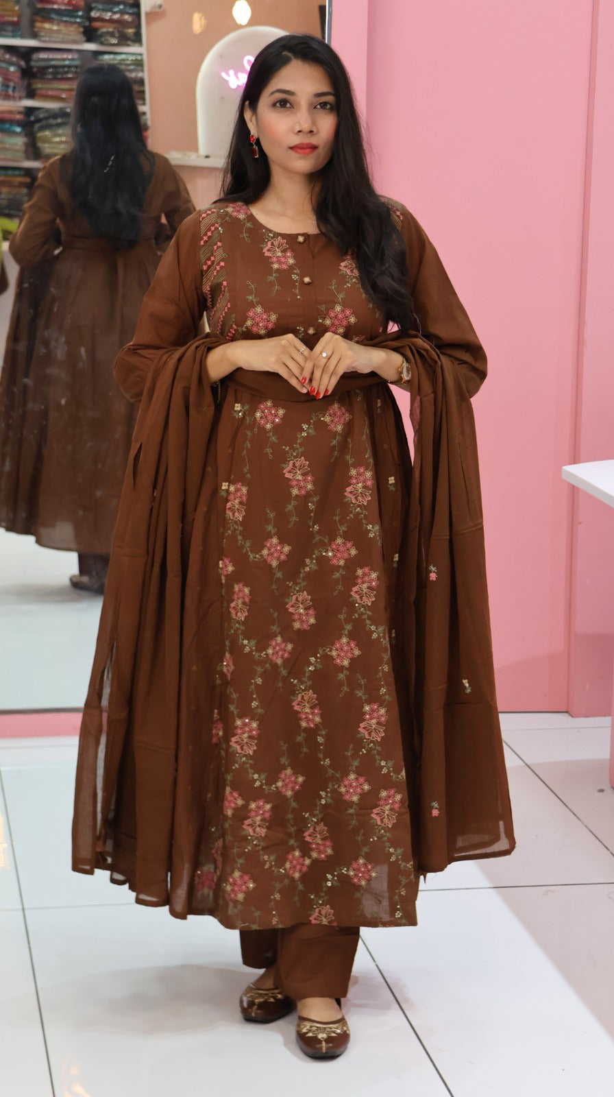 premium Brown Work Cotton Anarkali