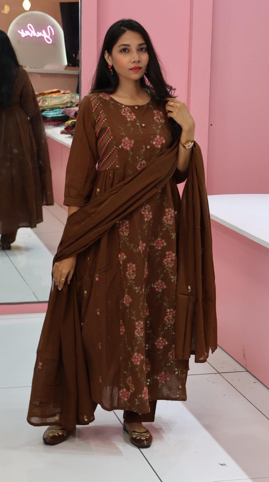 premium Brown Work Cotton Anarkali
