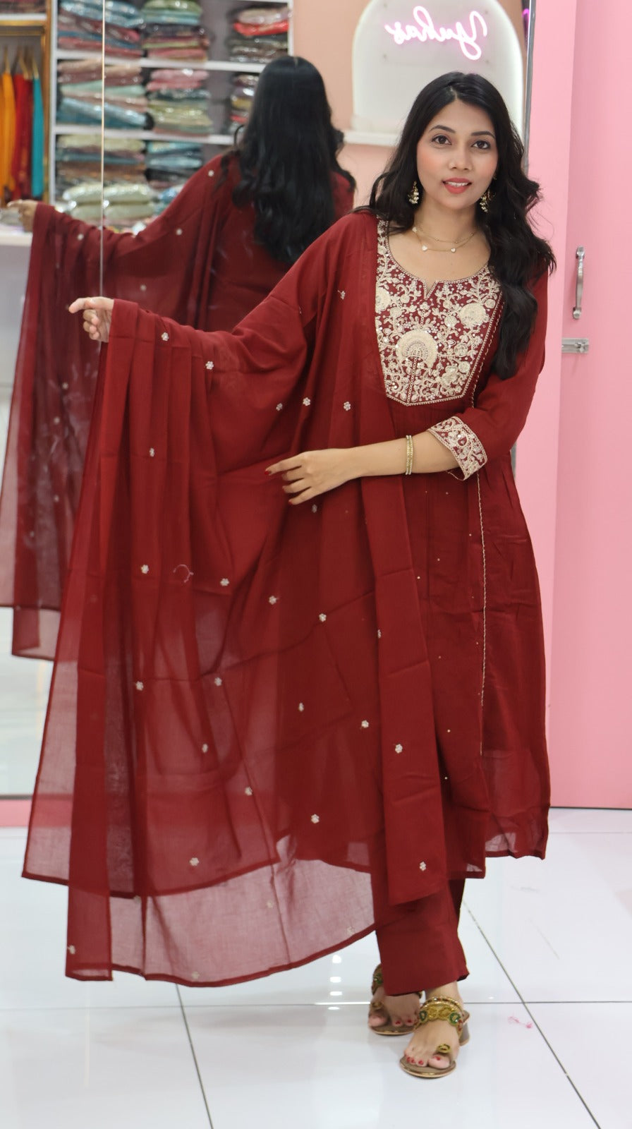 Pure Mul cotton with rich embroidery in deep maroon - yvs124
