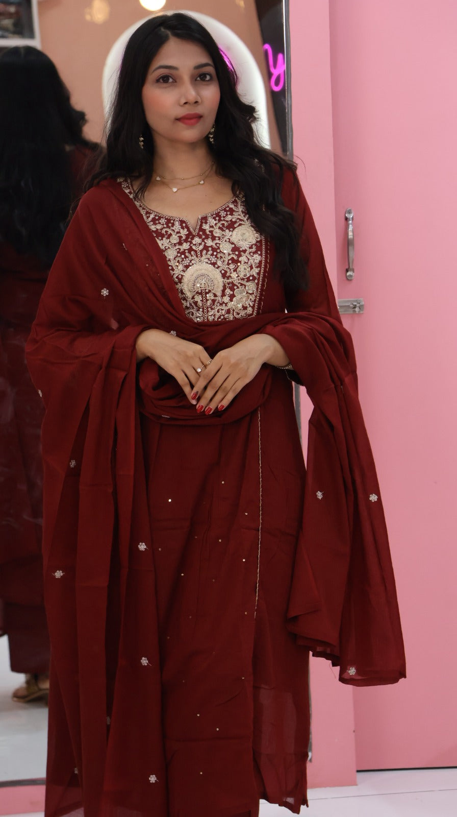 Pure Mul cotton with rich embroidery in deep maroon - yvs124