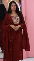 Pure Mul cotton with rich embroidery in deep maroon - yvs124