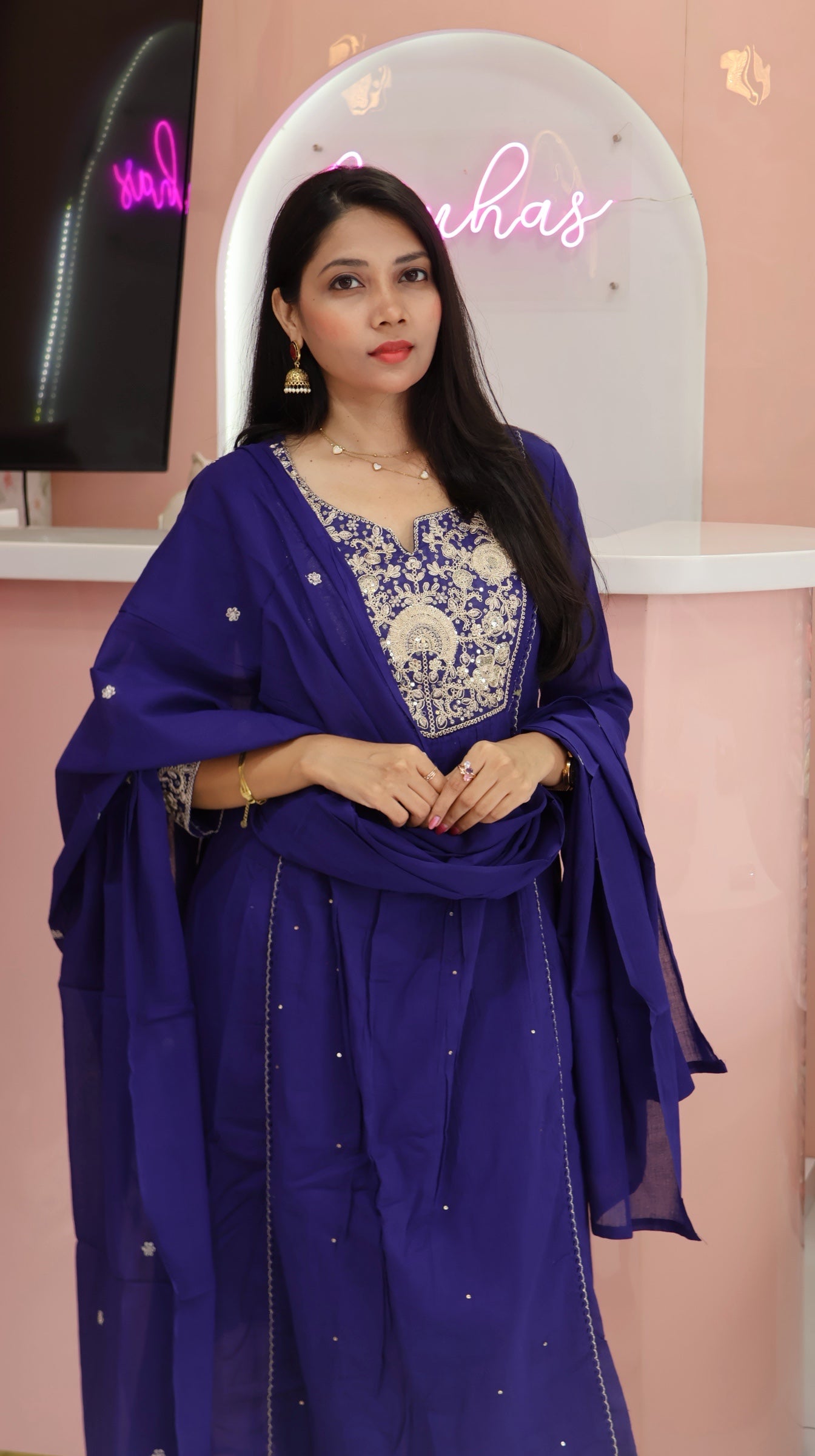 Pure Mul cotton with rich embroidery in Blue Anarkali- yvs124