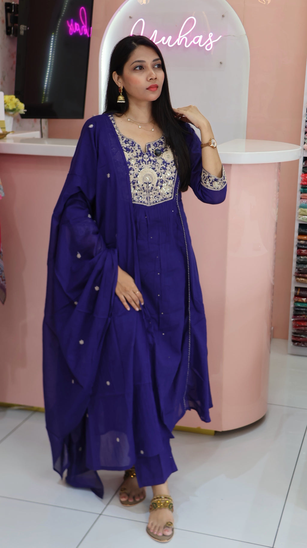 Pure Mul cotton with rich embroidery in Blue Anarkali- yvs124
