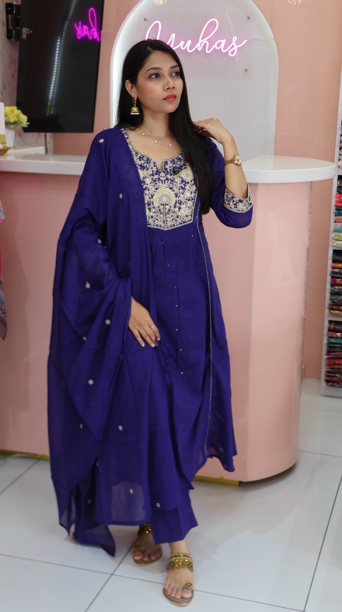 Pure Mul cotton with rich embroidery in Blue Anarkali- yvs124