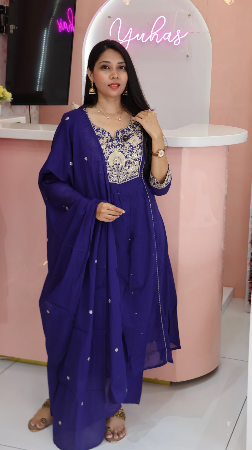 Pure Mul cotton with rich embroidery in Blue Anarkali- yvs124