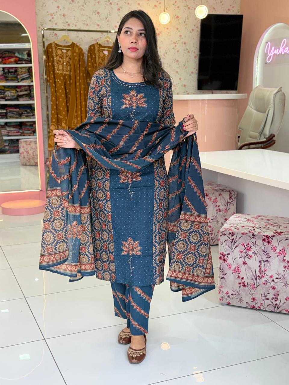 Pure Cotton Teal Blue work stright salwar - YVS135