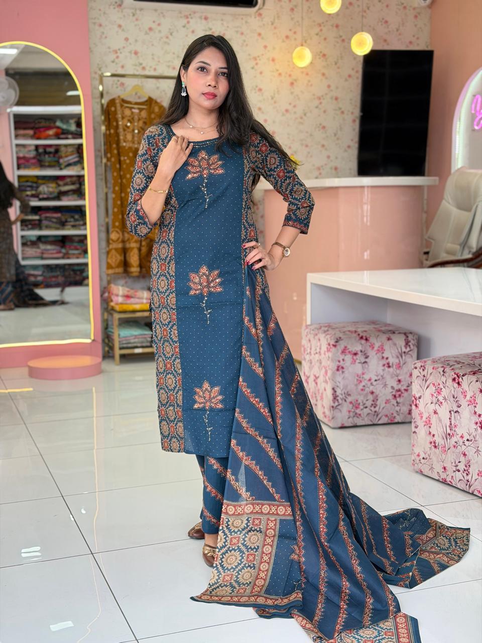 Pure Cotton Teal Blue work stright salwar - YVS135