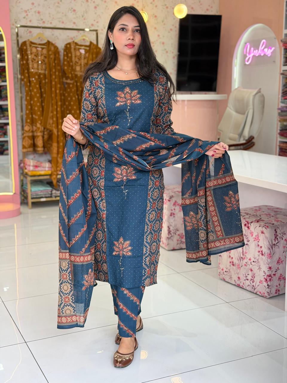 Pure Cotton Teal Blue work stright salwar - YVS135