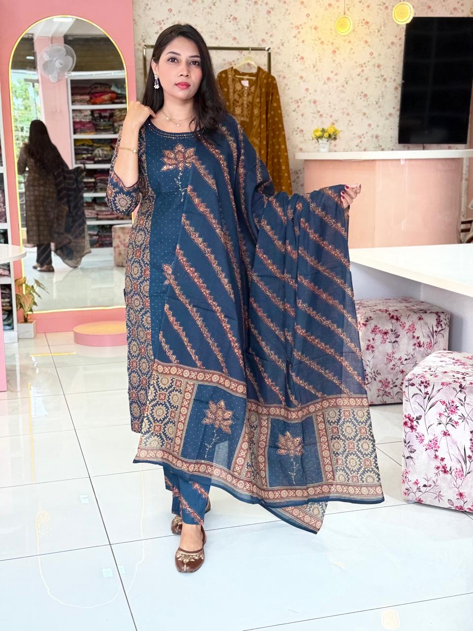 Pure Cotton Teal Blue work stright salwar - YVS135
