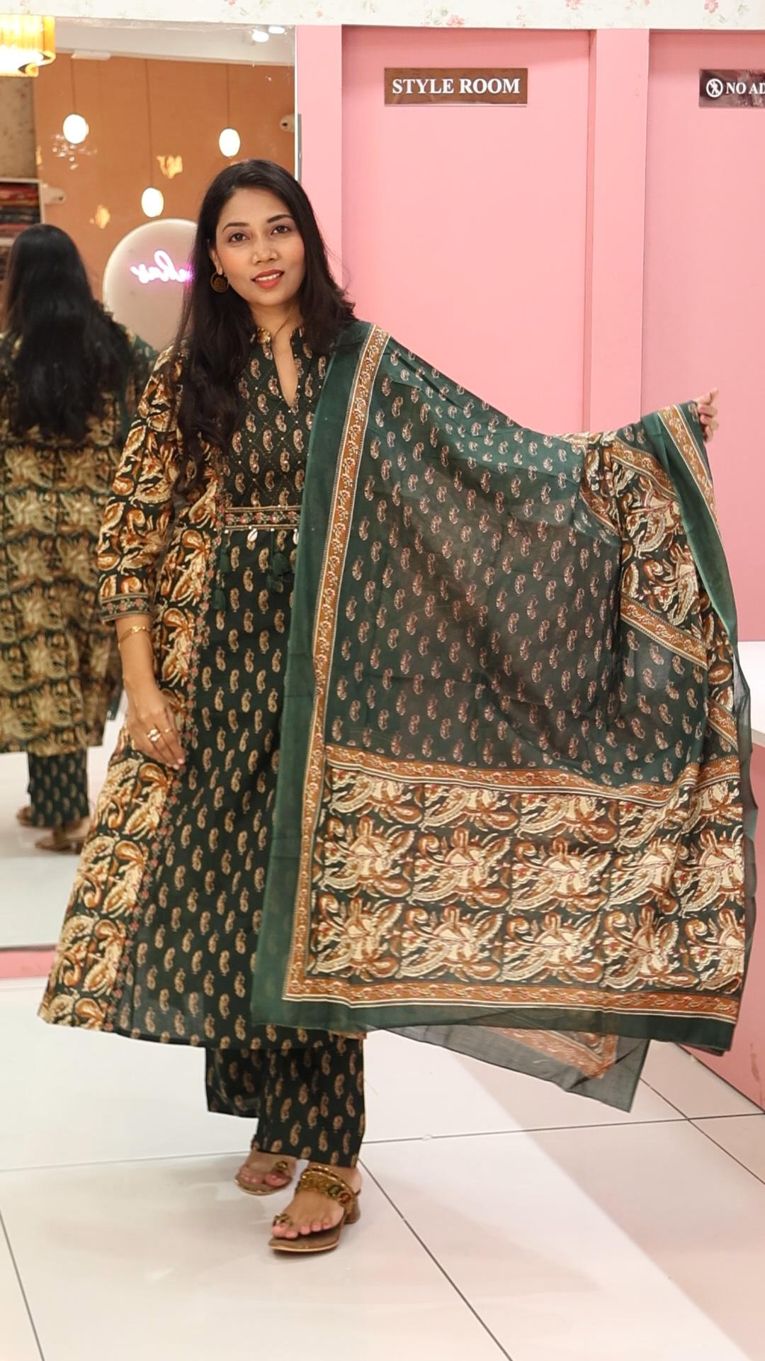 Pure Cotton Bottel Green Salwar Suit - YVS153