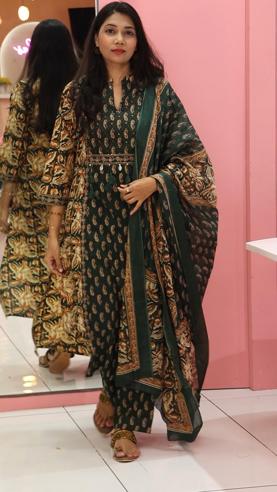 Pure Cotton Bottel Green Salwar Suit - YVS153