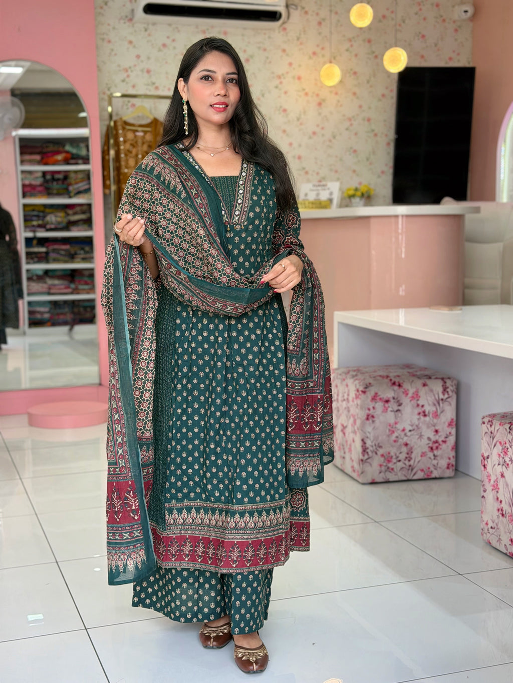 Pure Cotton Multi Prent Bottel Green Salwar - YVS156