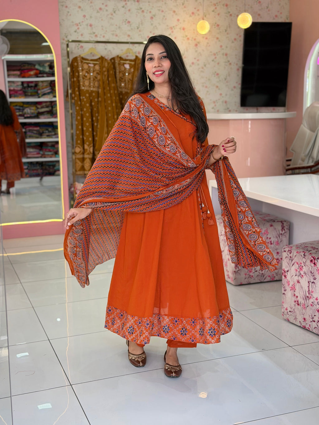 Premium Orange Cotton Anarkali - YVS225
