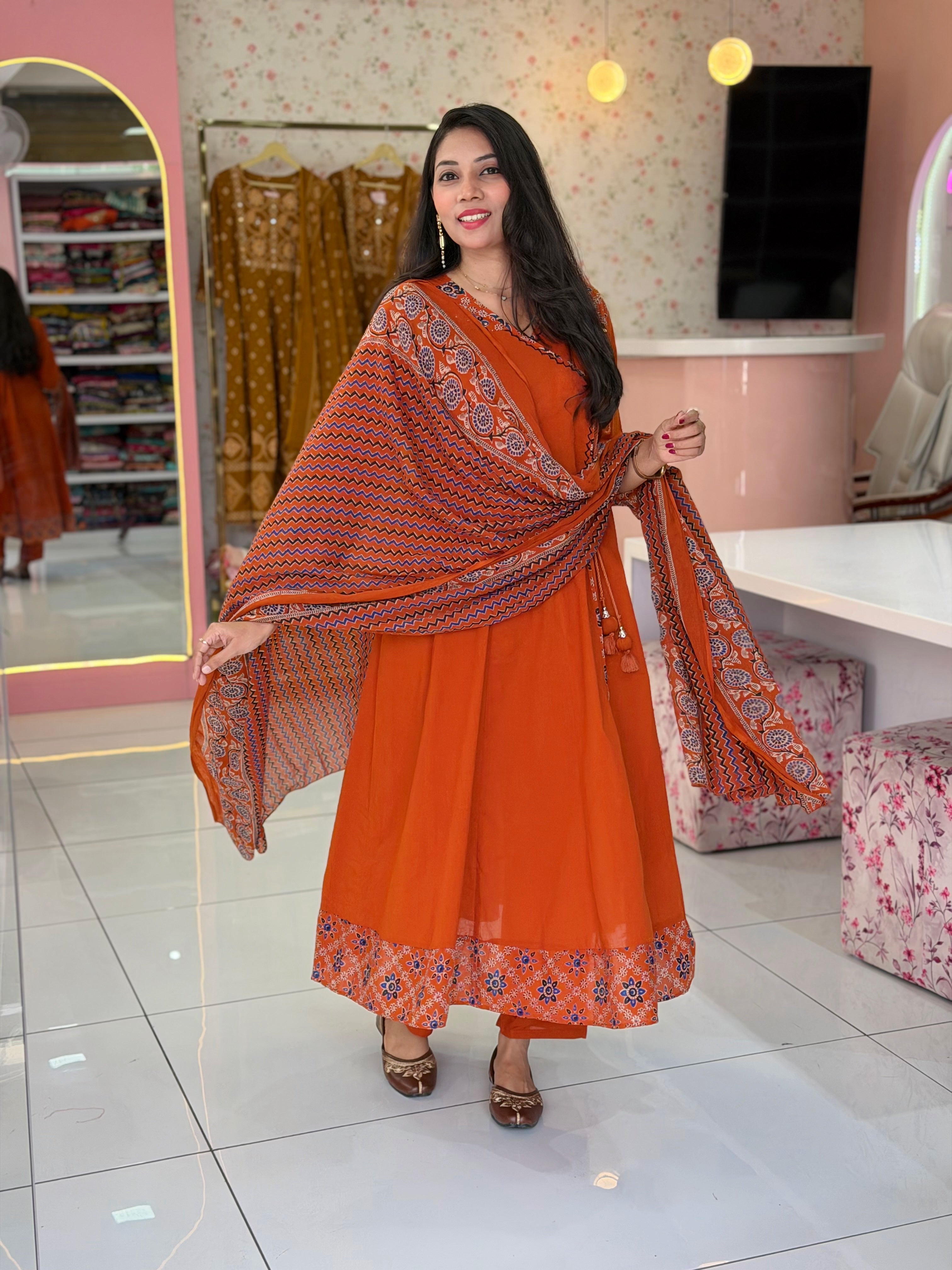 Premium Orange Cotton Anarkali - YVS225