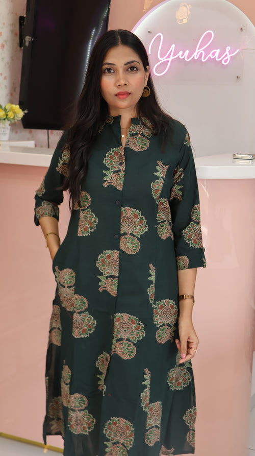 Bottel Green Cotton Kurti - YVS245