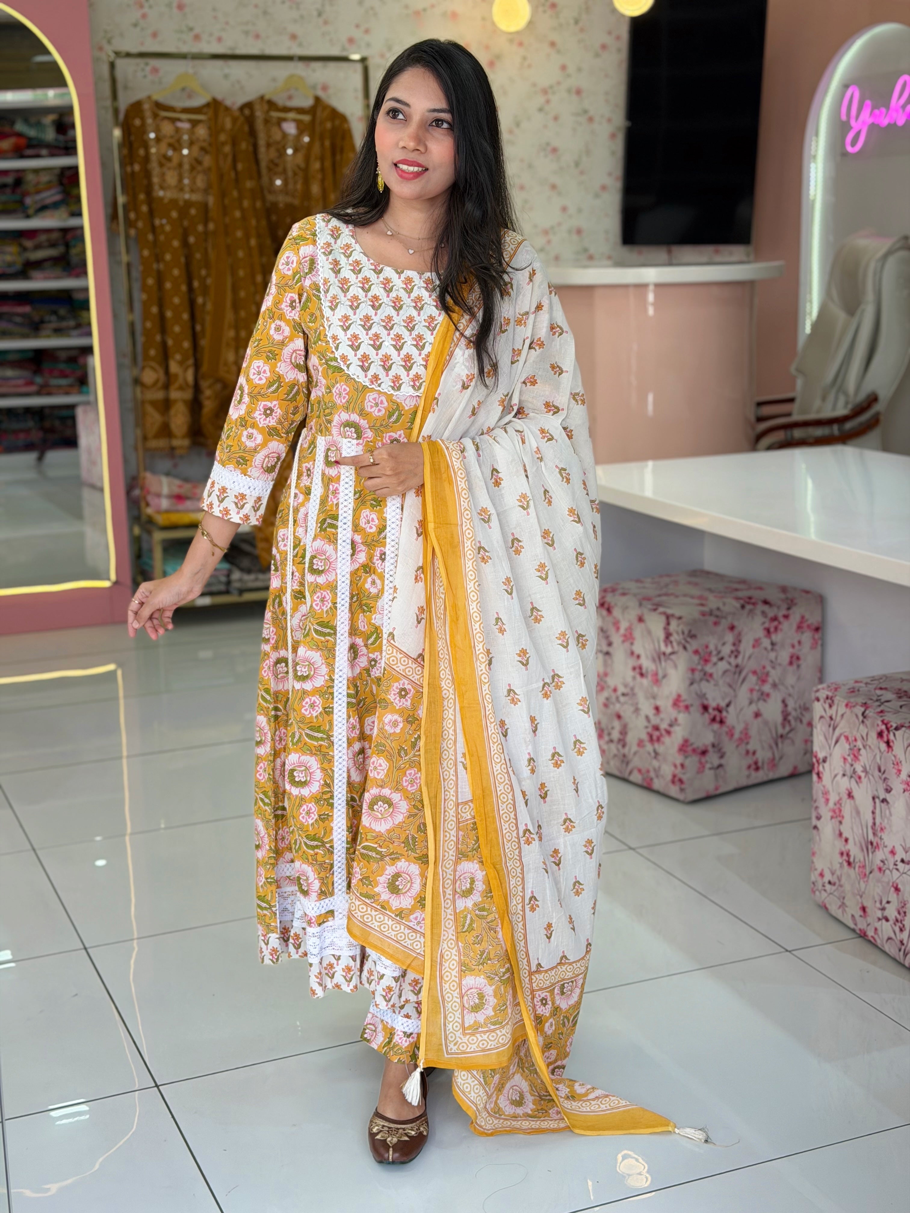 Pure Cotton Yellow Anarkali salwar