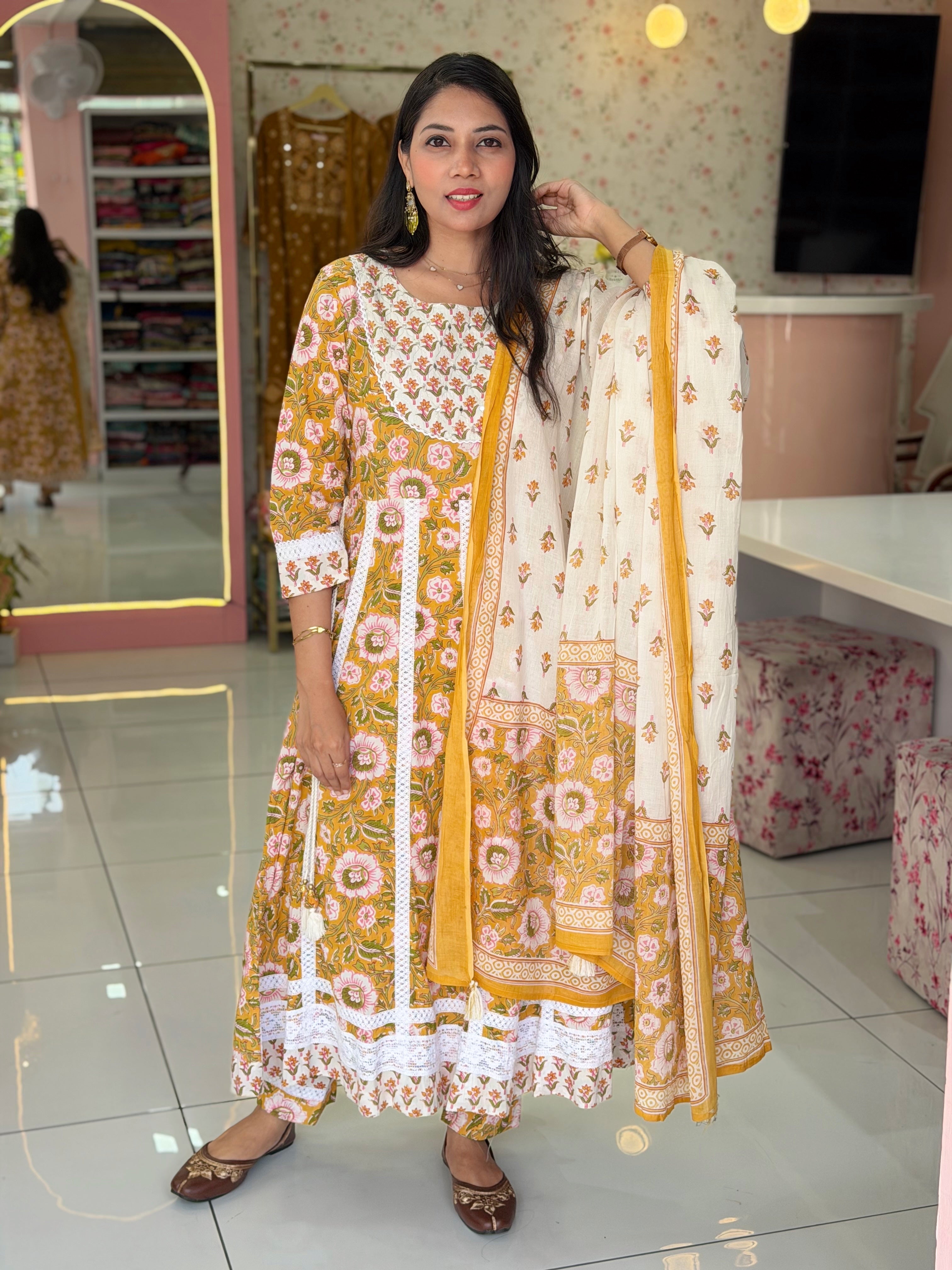 Pure Cotton Yellow Anarkali salwar