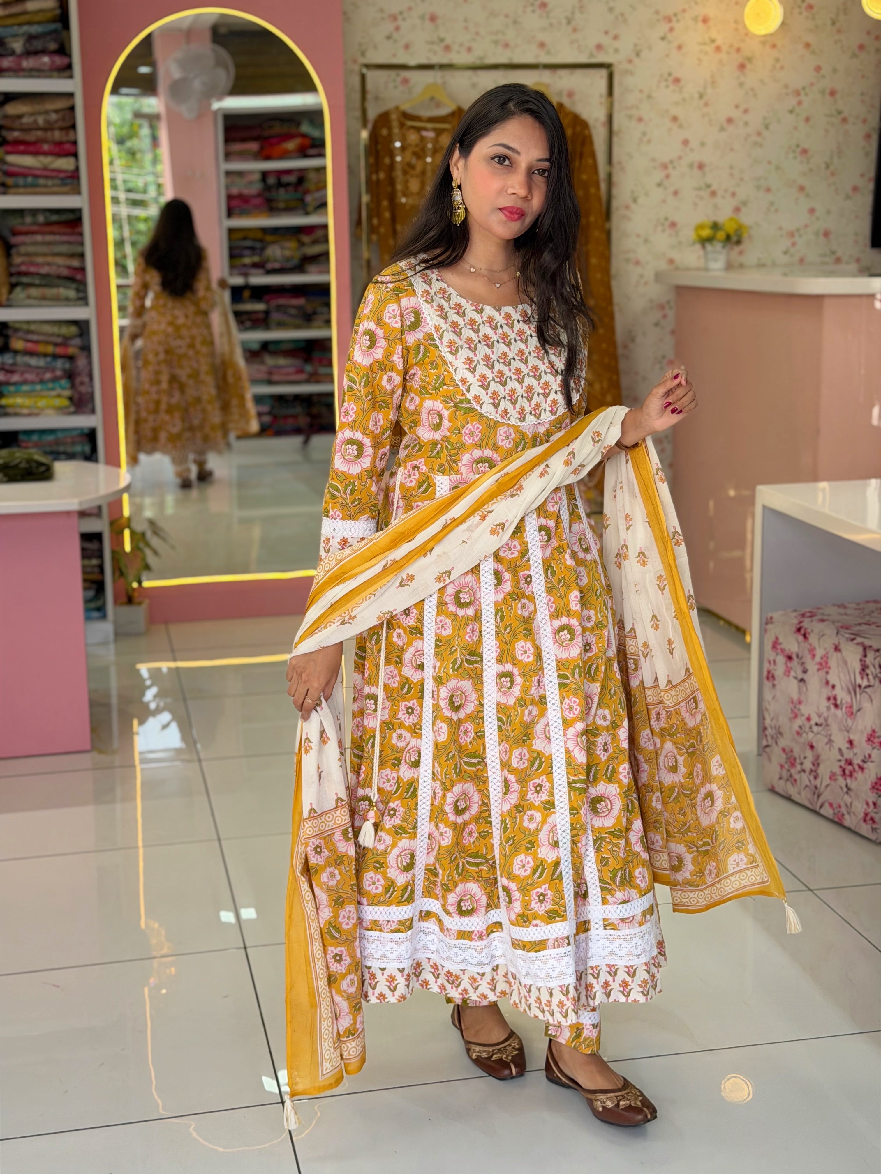 Pure Cotton Yellow Anarkali salwar