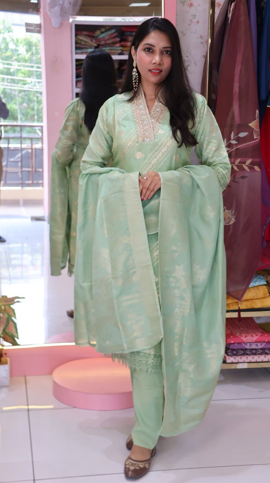 Premium Banarasi Pista green salwar Suit-YVS275