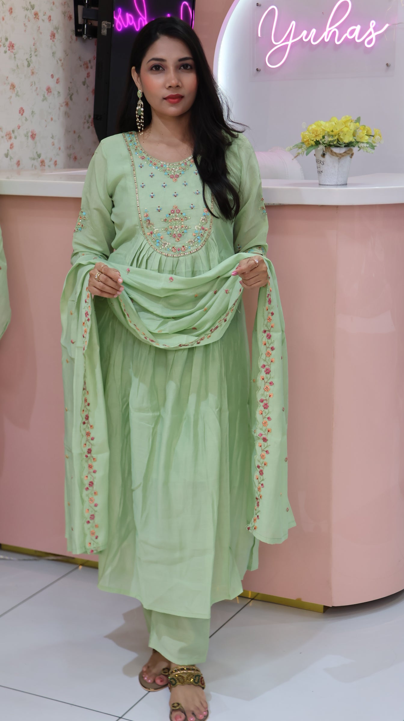Pure Mul chanderi Suit In Pista Green -YVS321