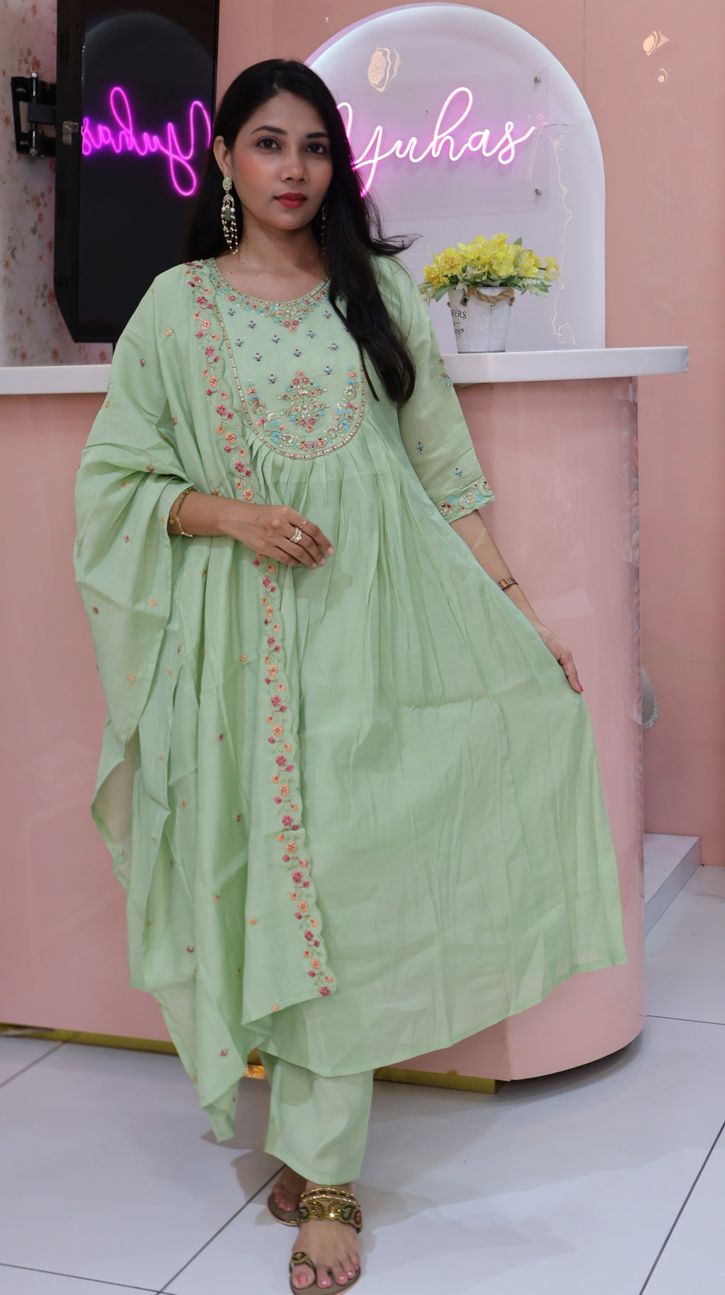 Pure Mul chanderi Suit In Pista Green -YVS321