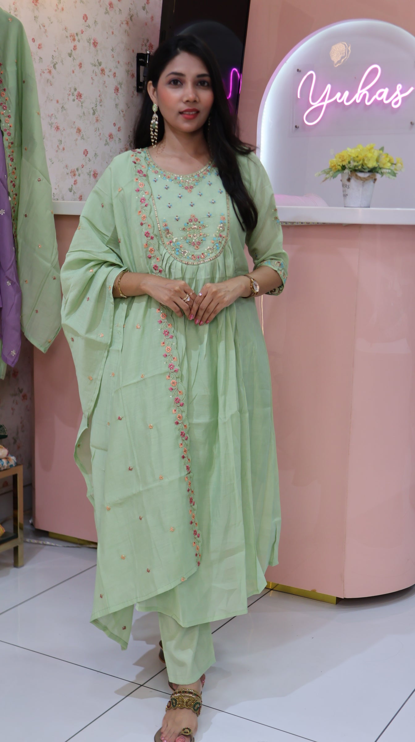 Pure Mul chanderi Suit In Pista Green -YVS321