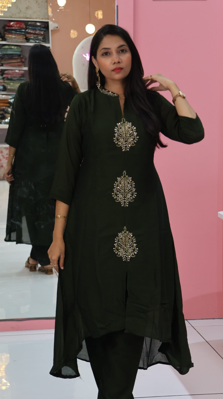 Premium bottel green princess anarkali