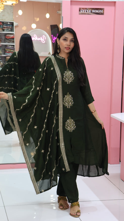 Premium bottel green princess anarkali