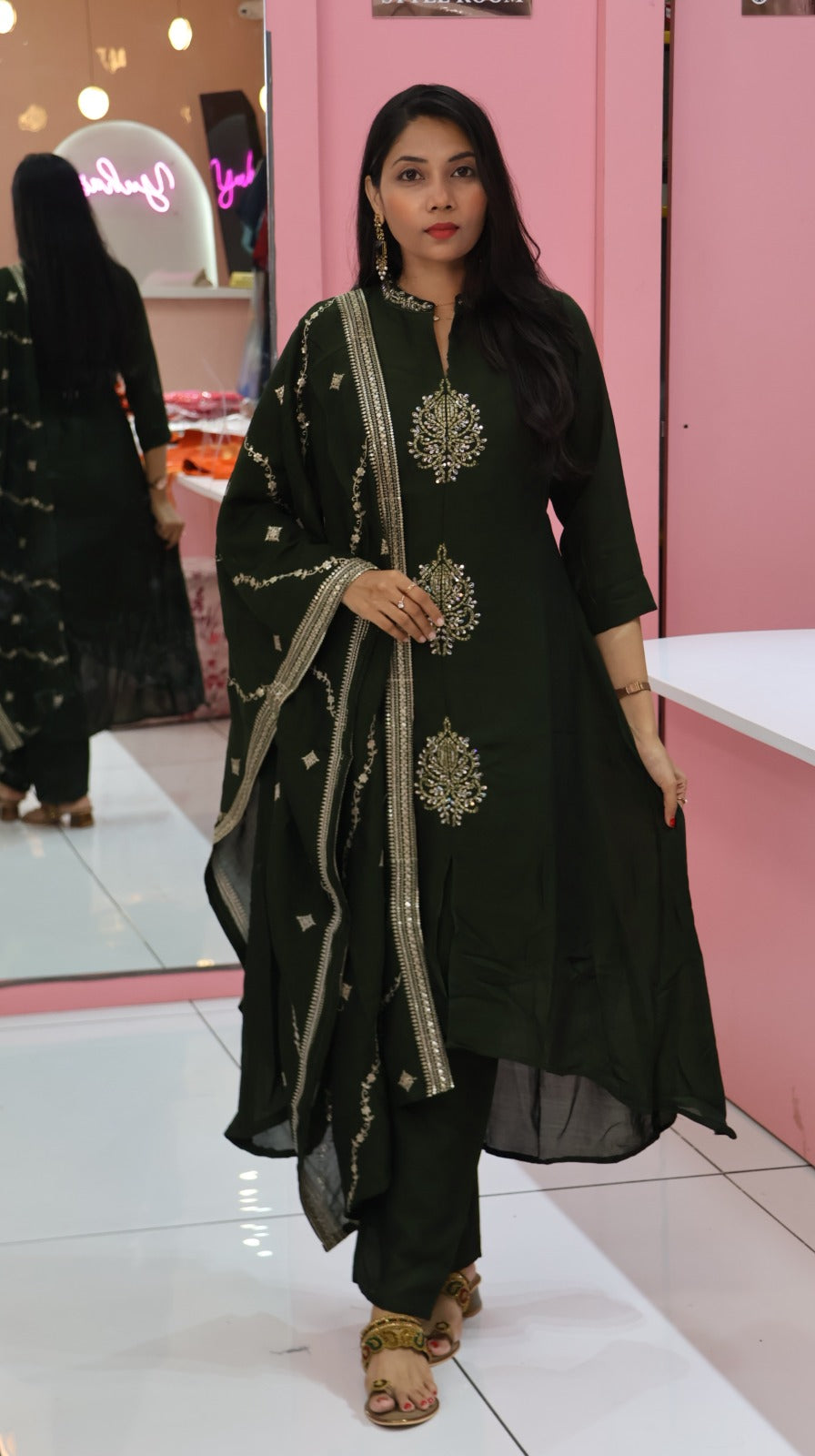 Premium bottel green princess anarkali