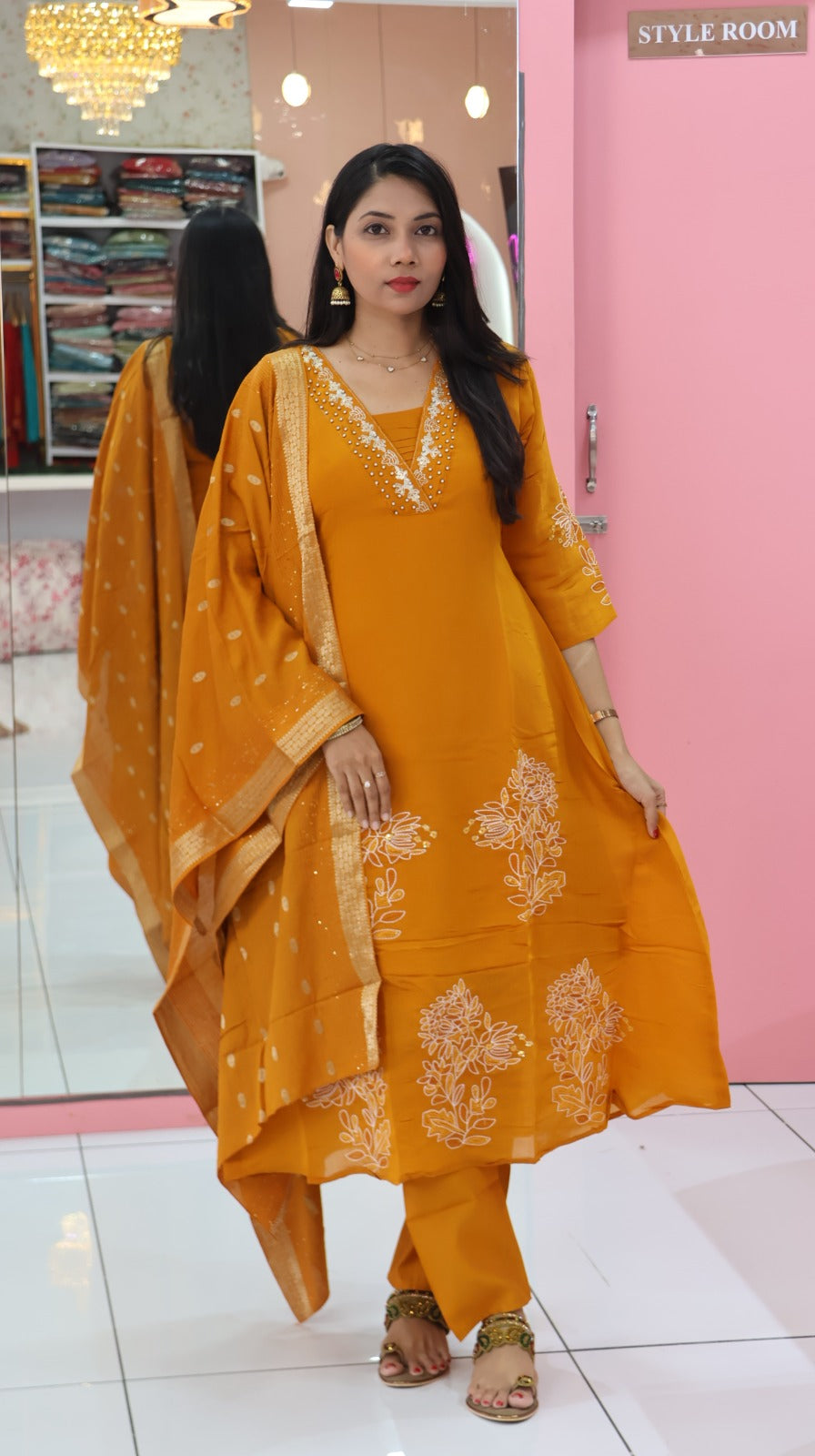 Premium mango yellow a line mul chanderi salwar
