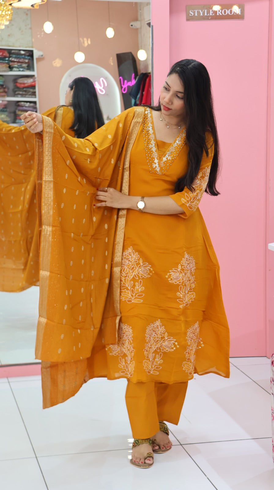 Premium mango yellow a line mul chanderi salwar