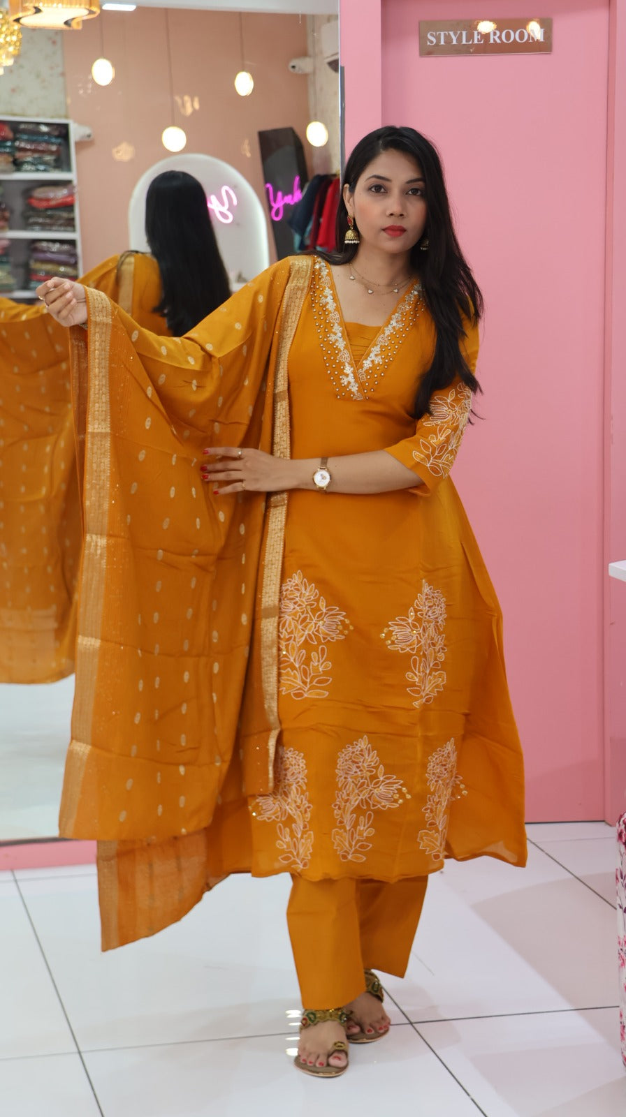 Premium mango yellow a line mul chanderi salwar