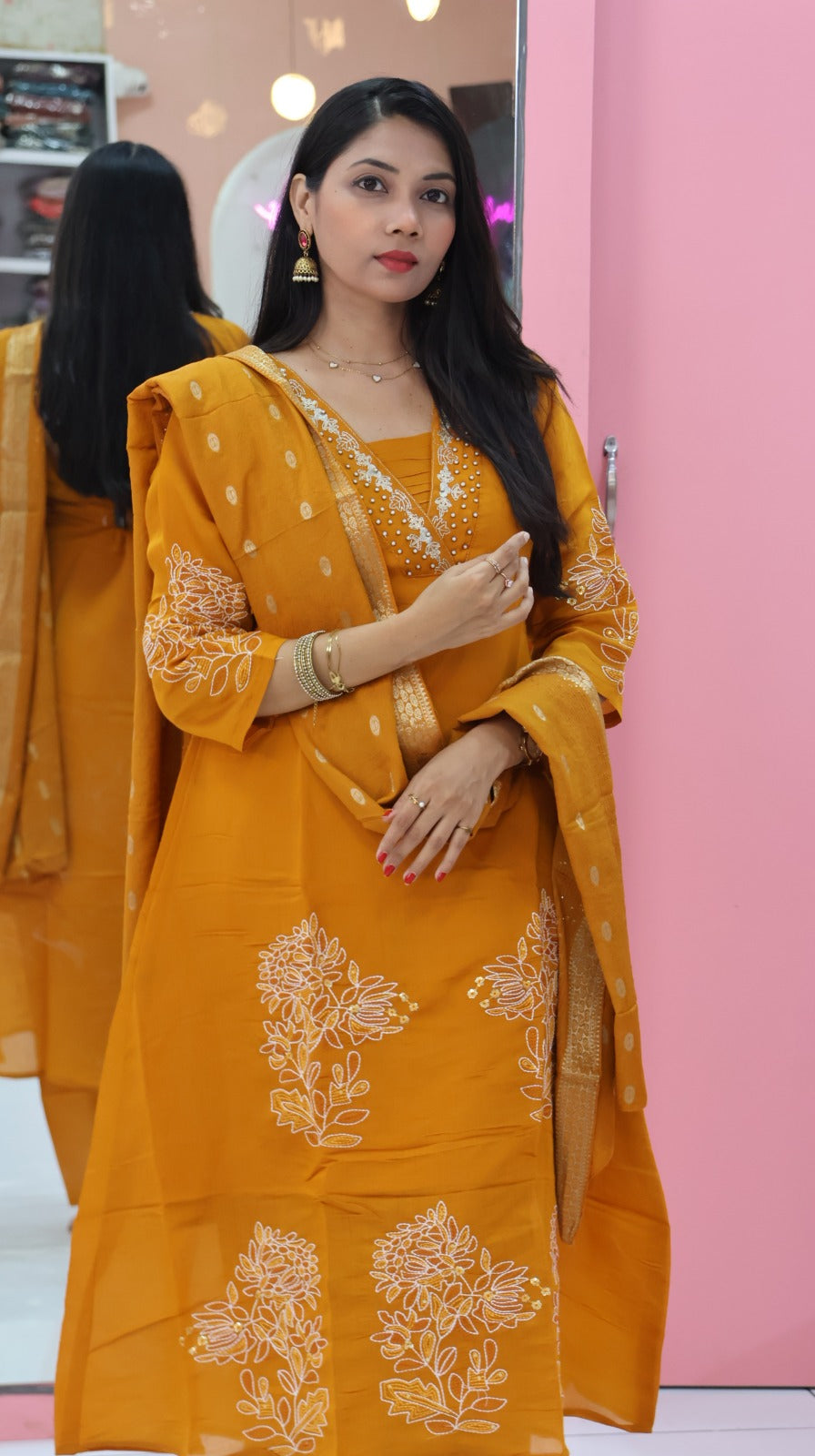 Premium mango yellow a line mul chanderi salwar