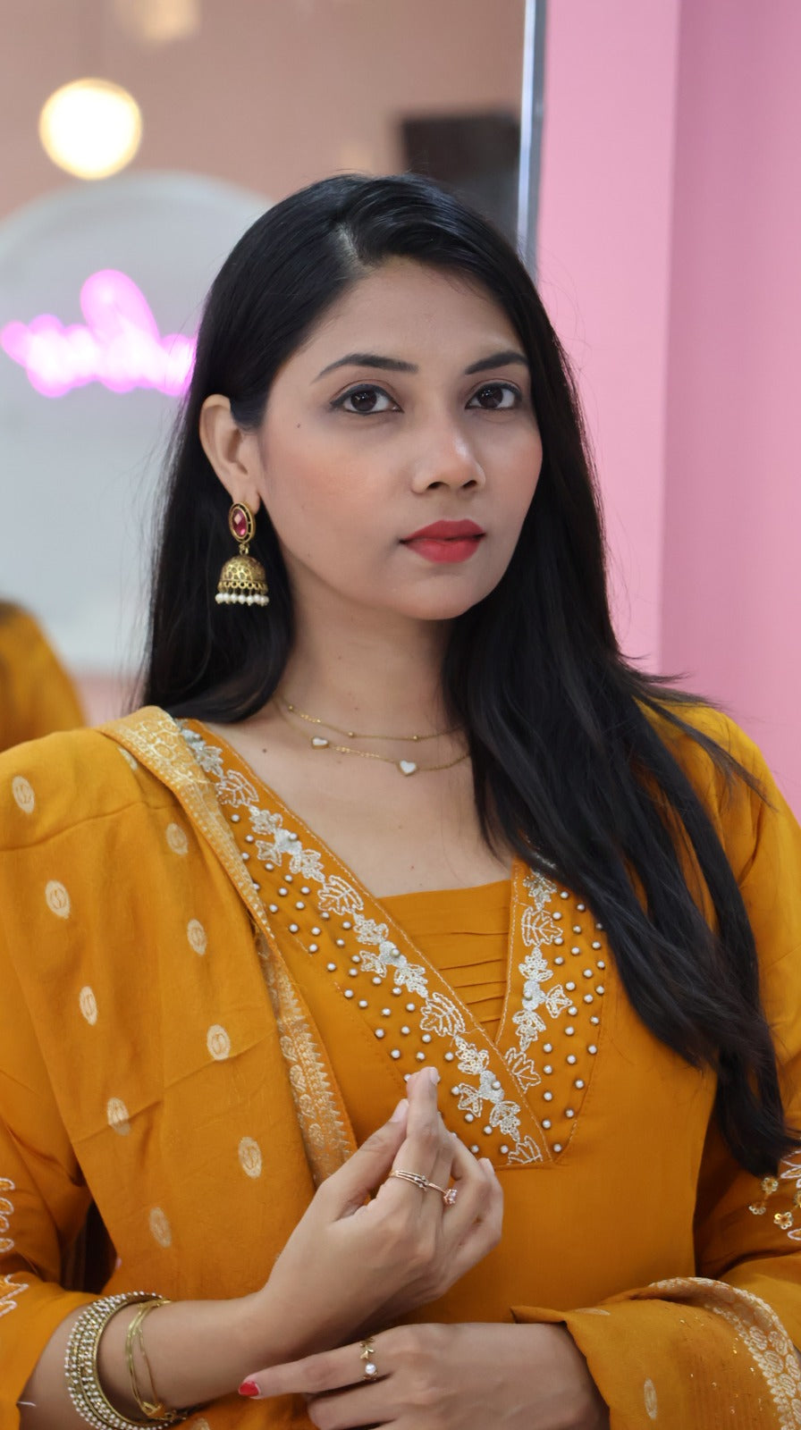 Premium mango yellow a line mul chanderi salwar