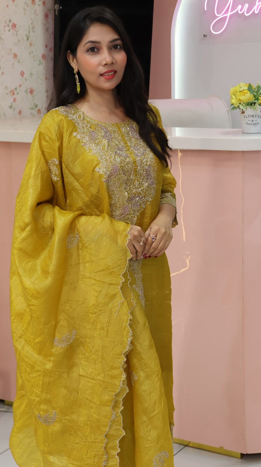 Premium Mustard Yellow Crush silk stright salwar - YVS363