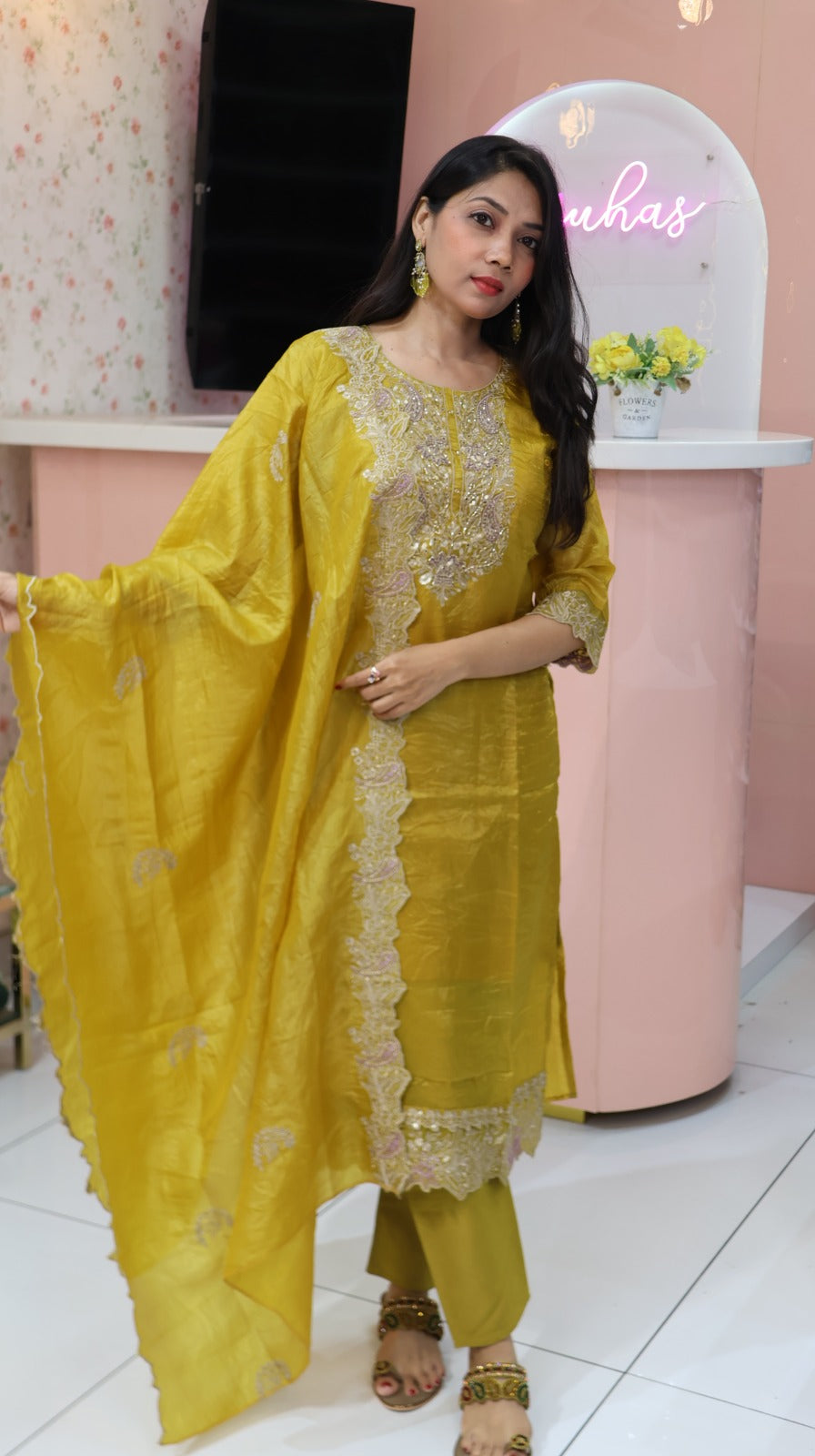 Premium Mustard Yellow Crush silk stright salwar - YVS363