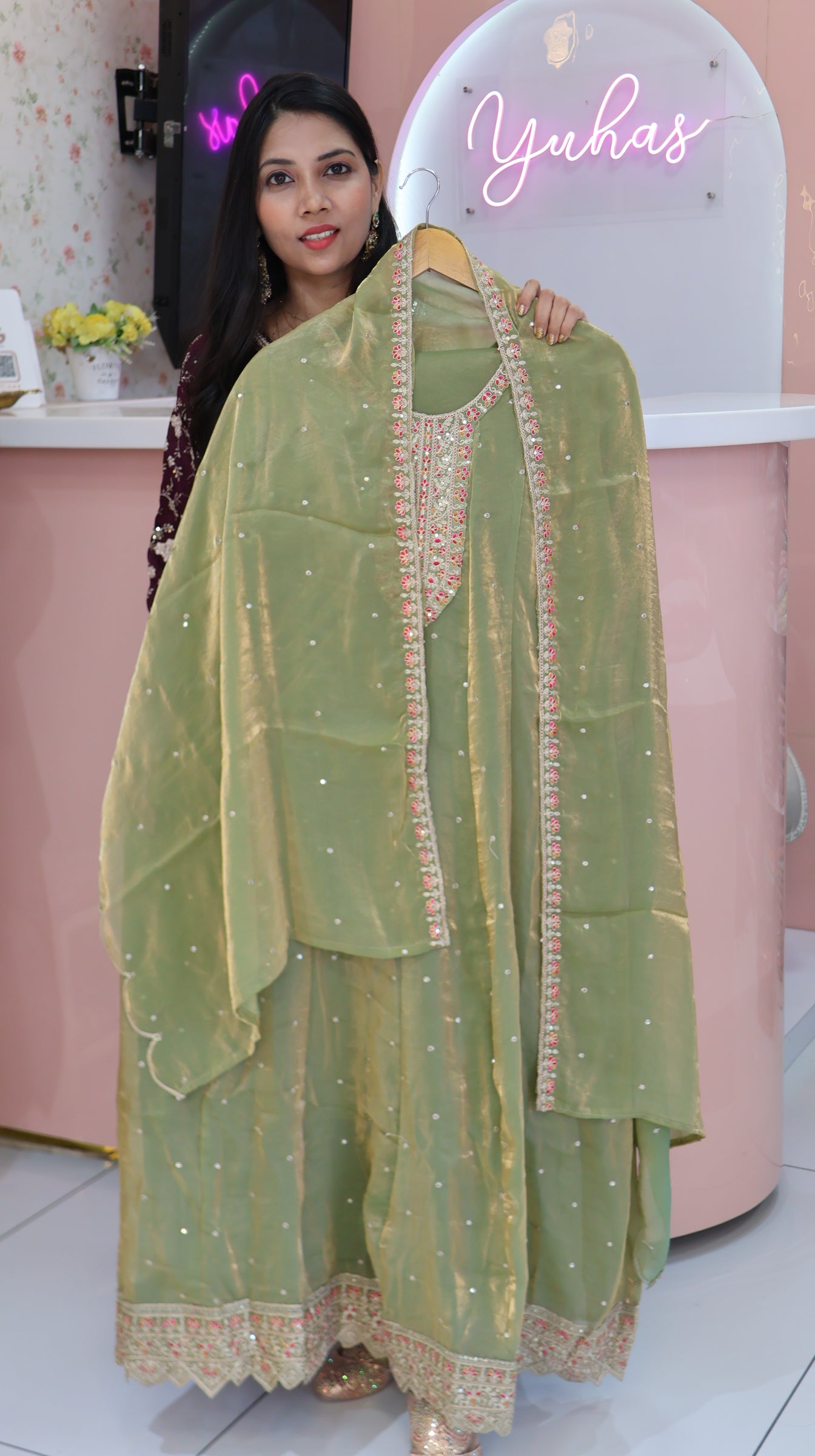 Premium Persian Green Velvet organza Anarkali Salwar - YFS747