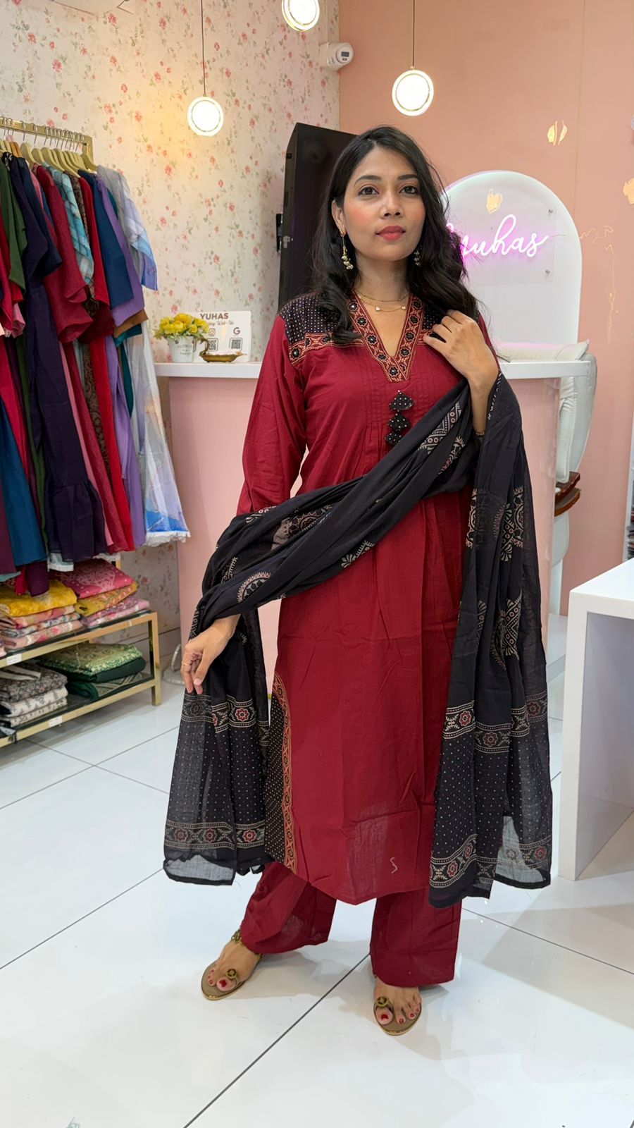 Maroon with black pure dabu cotton handblock prints with bottom and dhupatta
