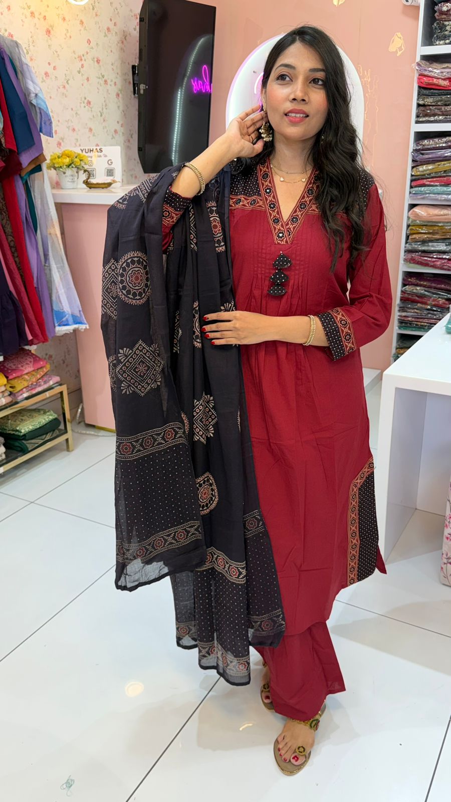 Maroon with black pure dabu cotton handblock prints with bottom and dhupatta