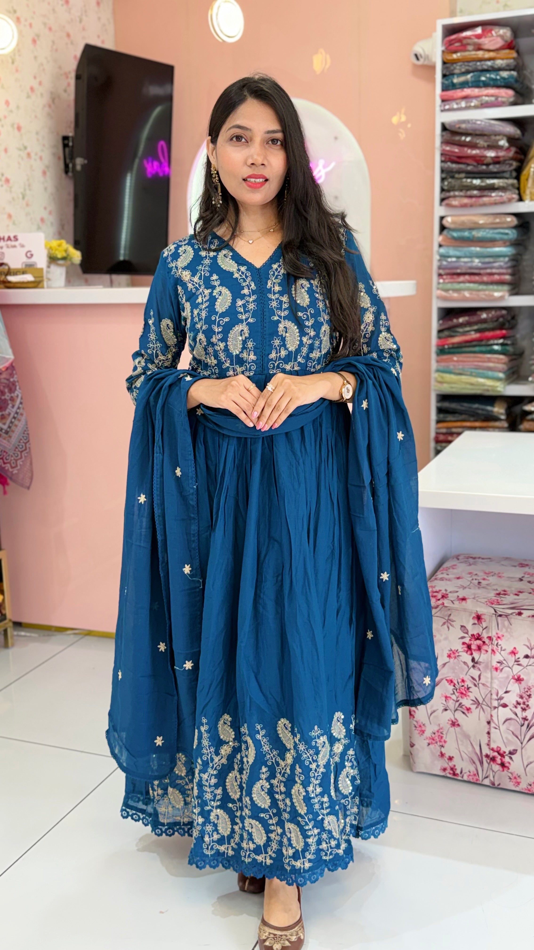 Pure Mul Cotton Teal Blue anarkali Salwar - YVS426