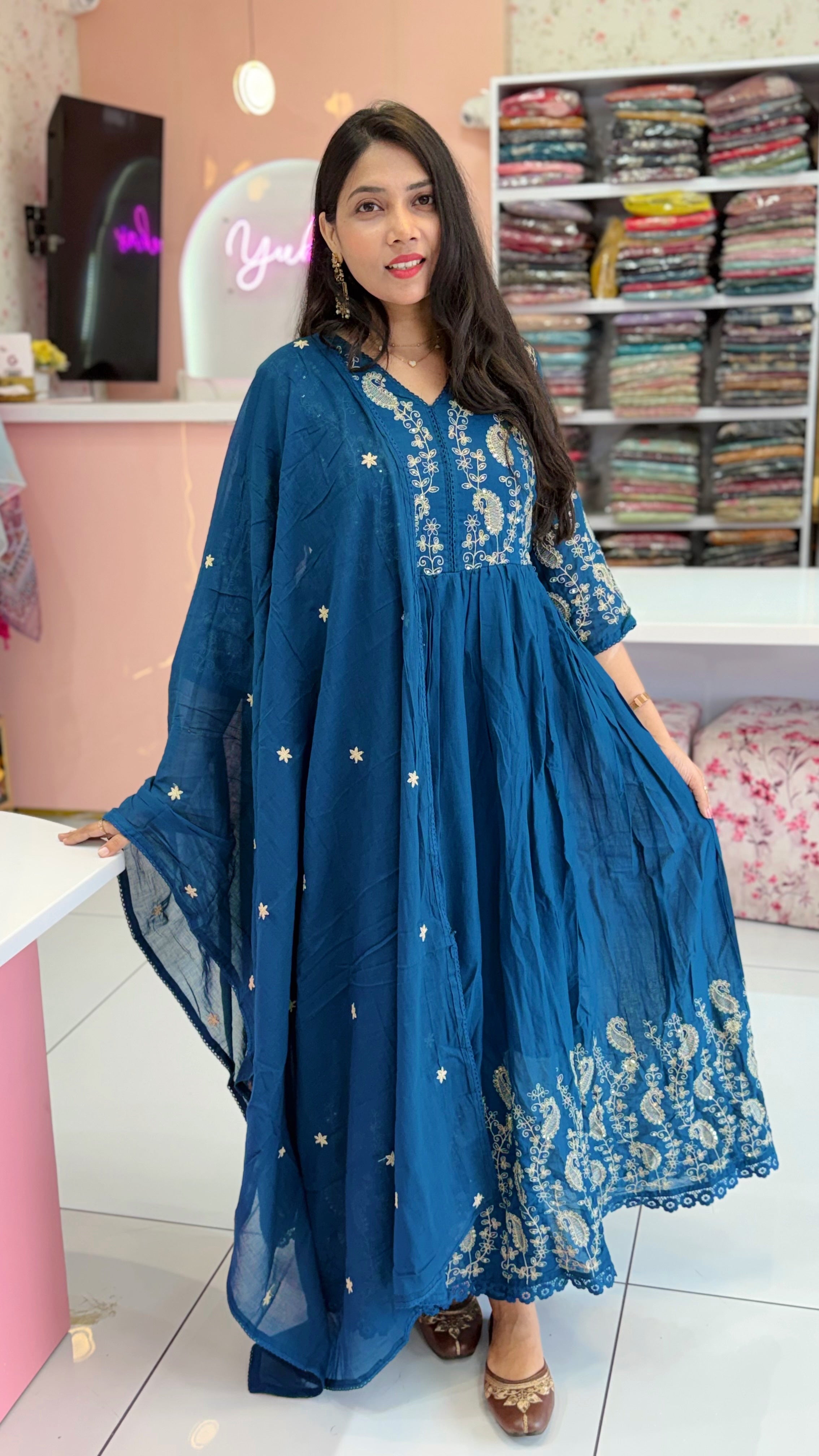 Pure Mul Cotton Teal Blue anarkali Salwar - YVS426