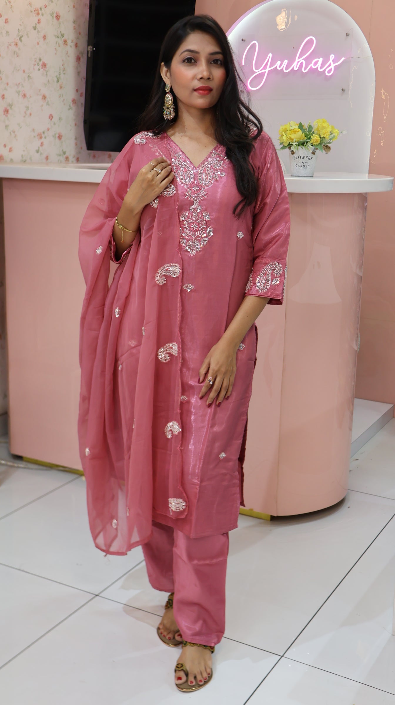 Premium Flamingo Pink Glass Silk Salwar - YVS451