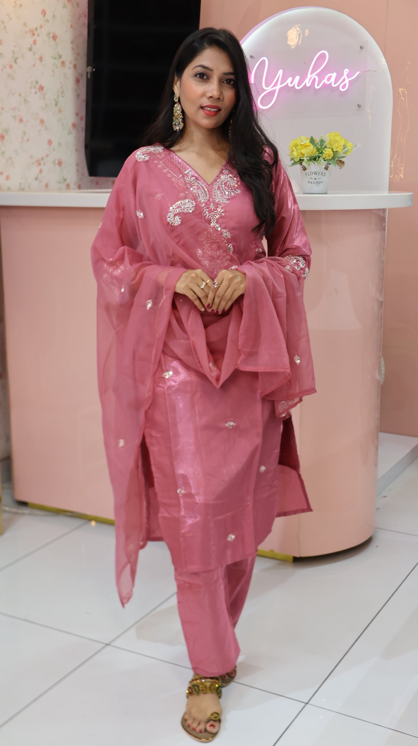 Premium Flamingo Pink Glass Silk Salwar - YVS451