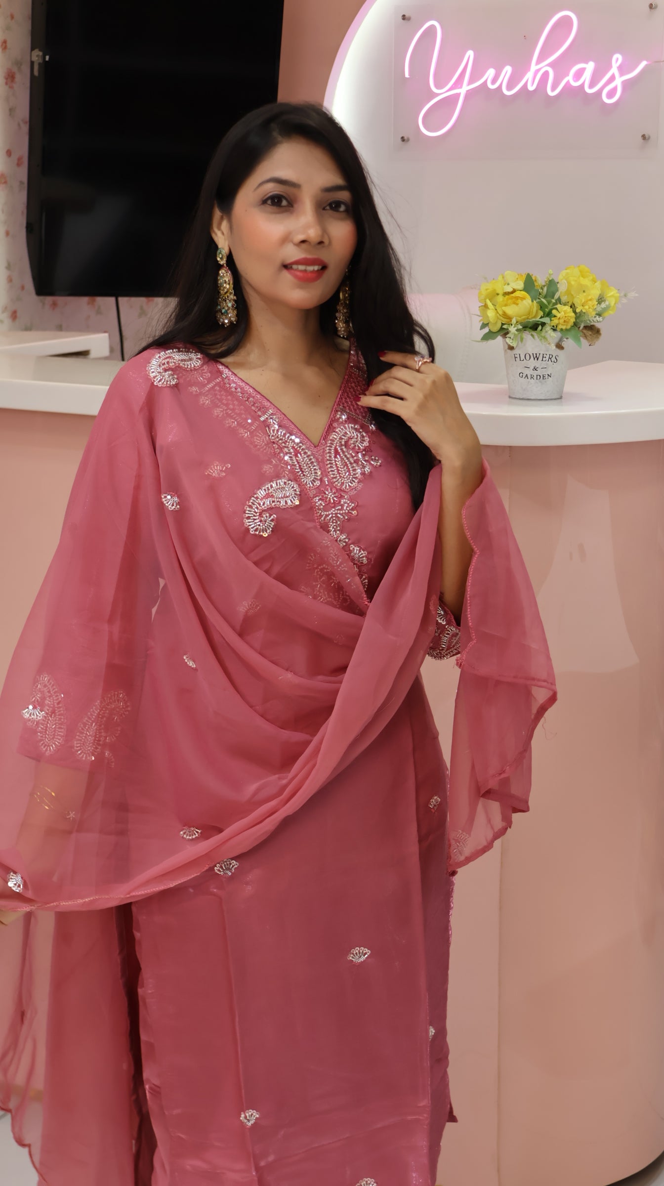 Premium Flamingo Pink Glass Silk Salwar - YVS451
