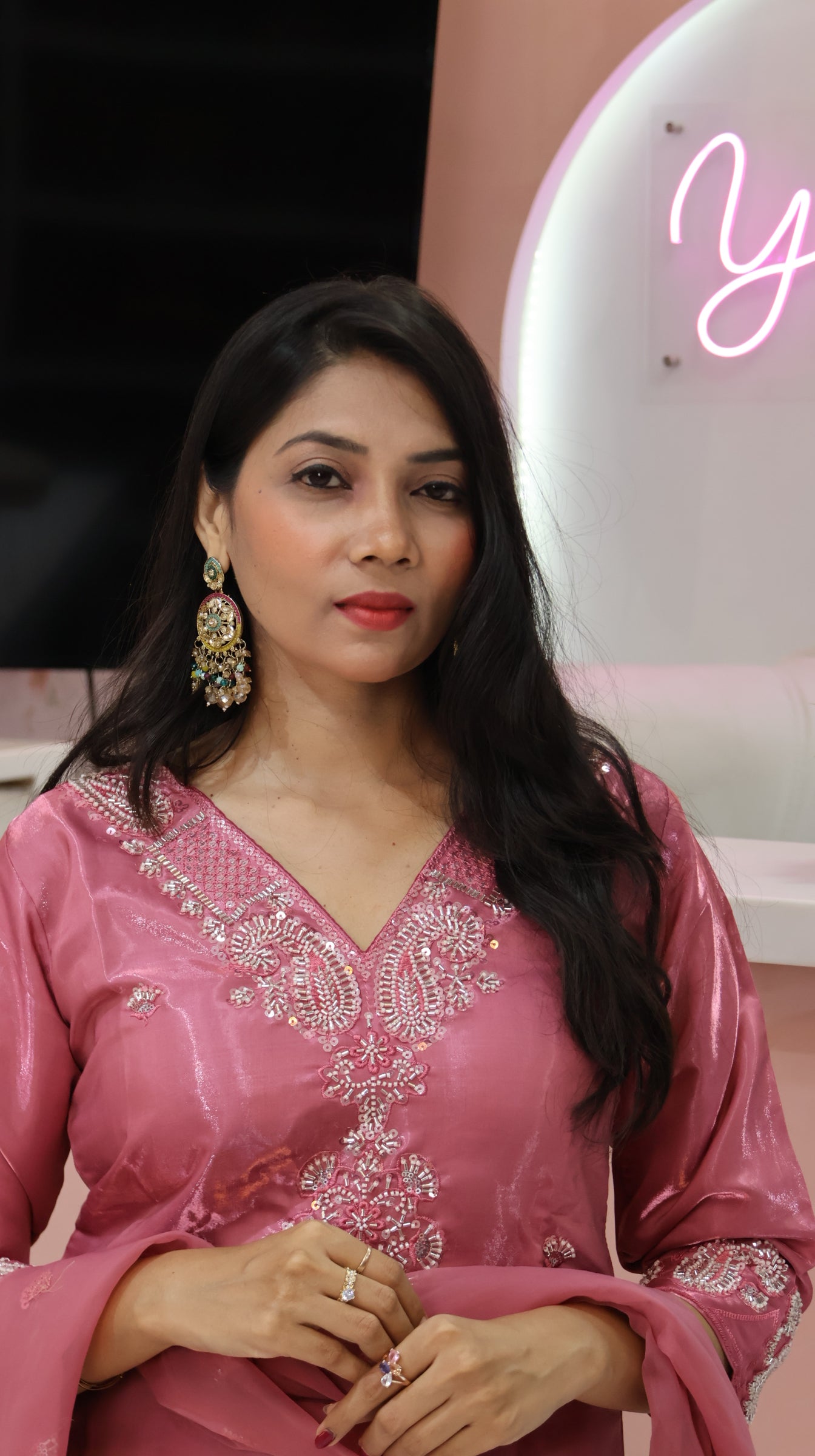 Premium Flamingo Pink Glass Silk Salwar - YVS451