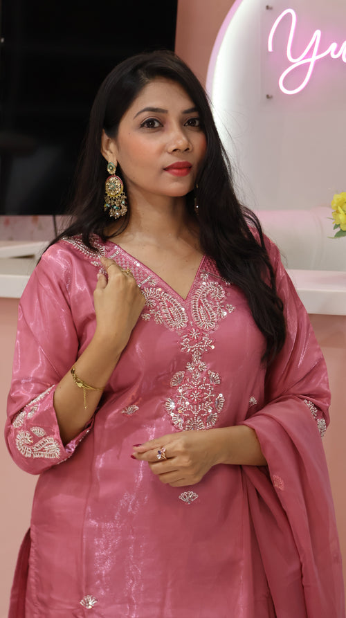 Premium Flamingo Pink Glass Silk Salwar - YVS451