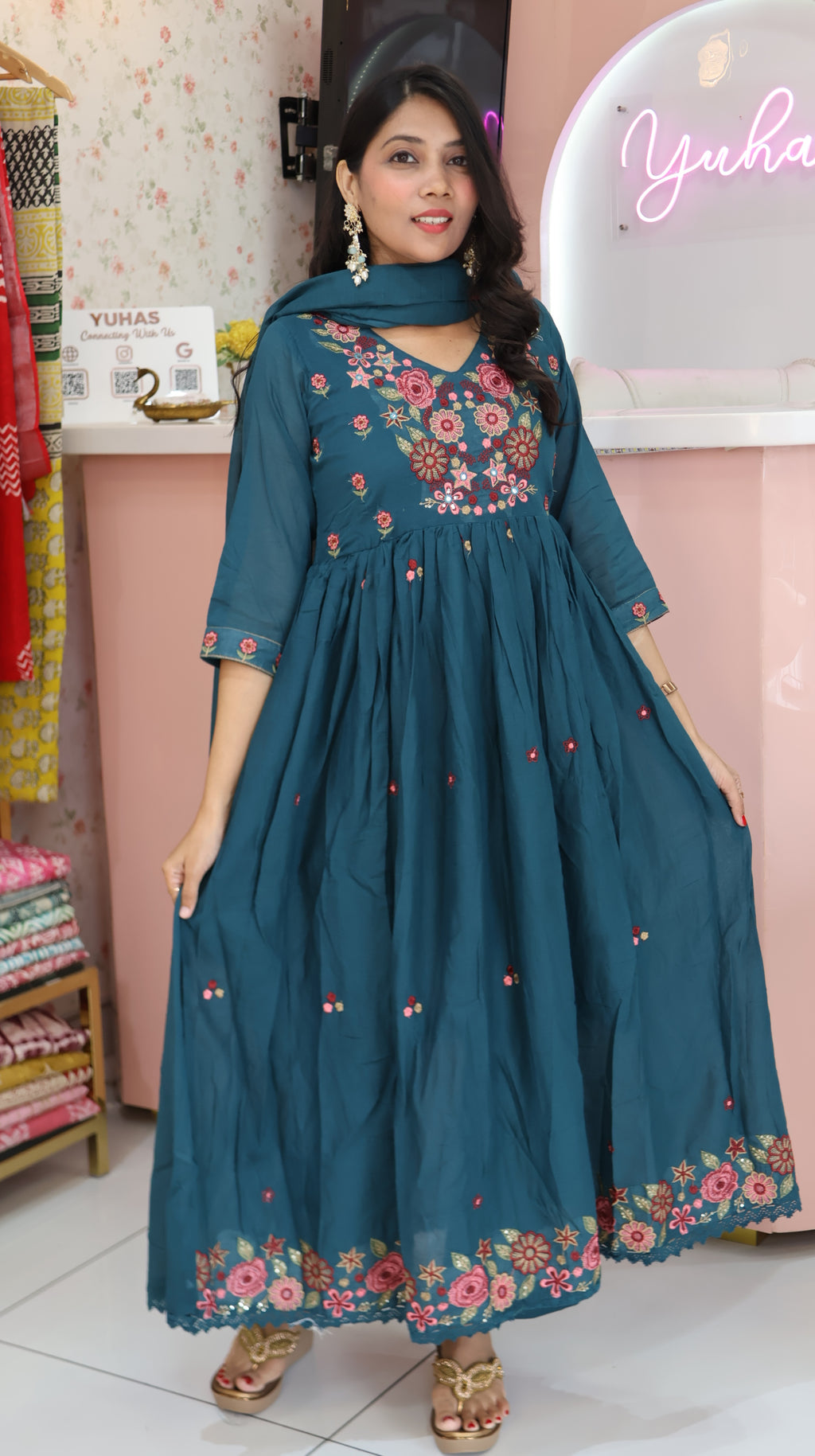 Premium Peacock green mul cotton Anarkali -YVS464