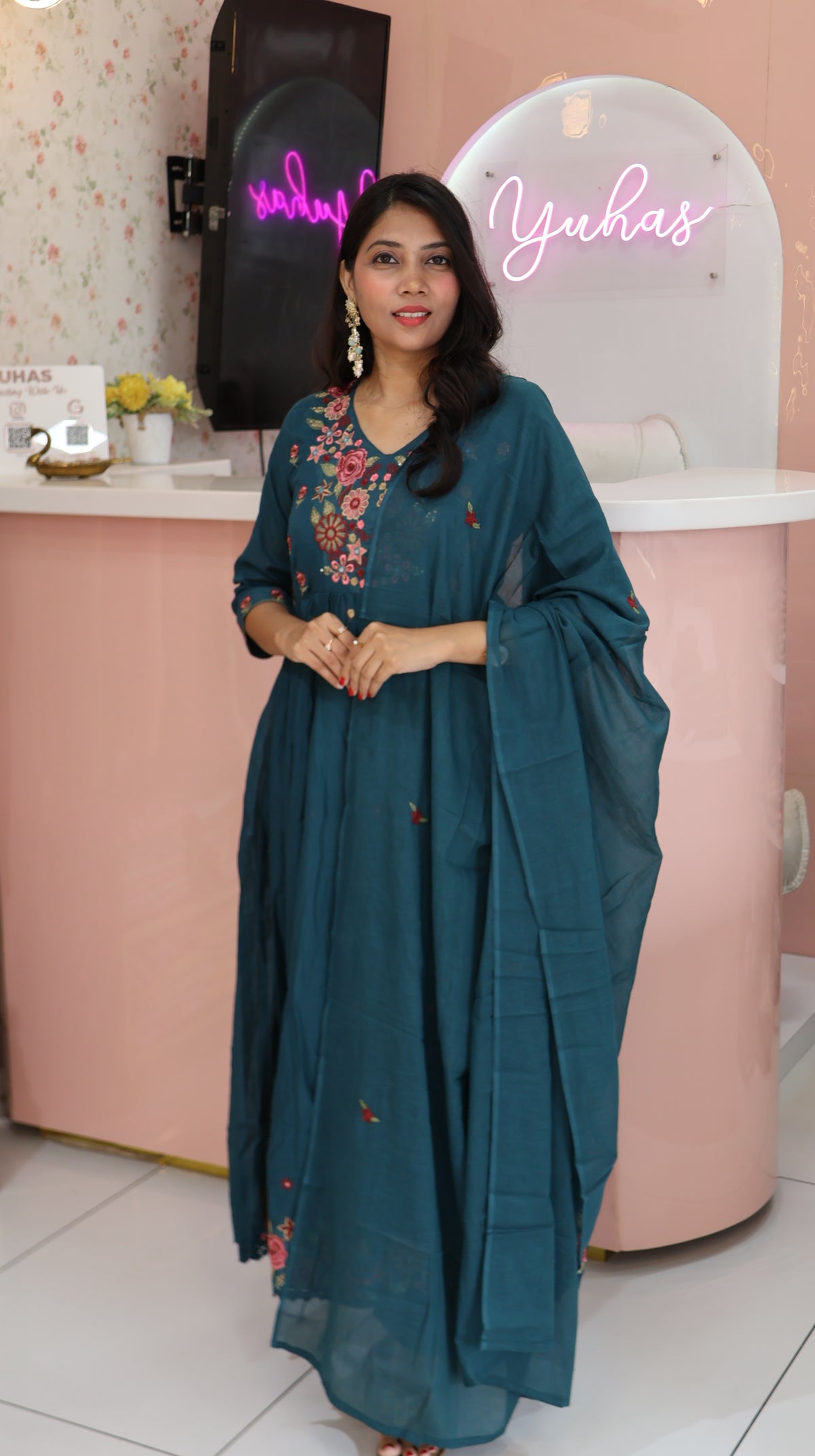 Premium Peacock green mul cotton Anarkali -YVS464