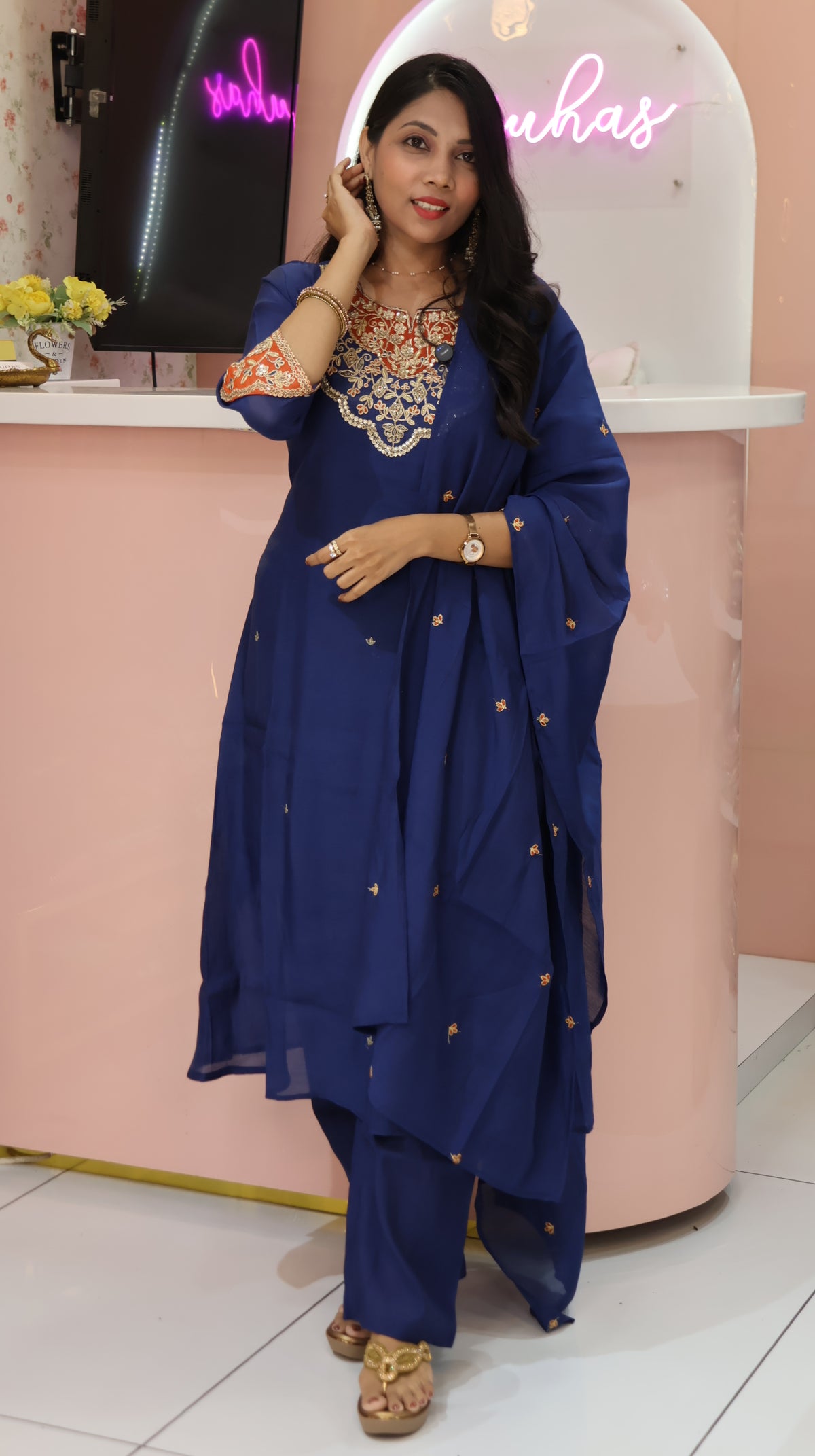 Premium Blue Mul chanderi Partywear Salwar- YVS514